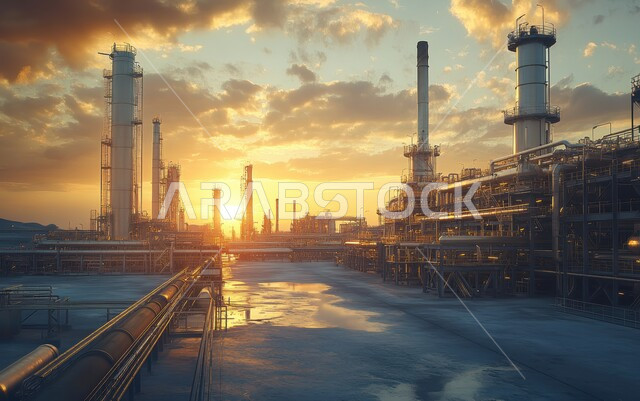 هندسات ومعدات صناعية عملاقة، مصنع تكرير النفط والغاز في المنطقة الصناعية، خطوط الأنابيب والكابلات الفولاذية، صناعات ومشاريع بيتروكيماوية، مجمع صناعي كبير به مداخن عالية تنبعث منها الأدخنة في المملكة العربية السعودية، مستودعات ضخمة و كبيرة