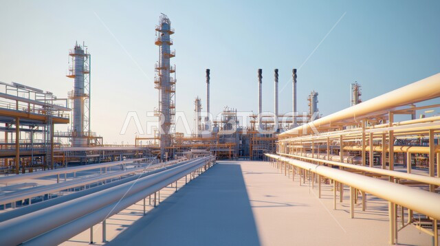 هندسات ومعدات صناعية عملاقة، مصنع تكرير النفط والغاز في المنطقة الصناعية، خطوط الأنابيب والكابلات الفولاذية، صناعات ومشاريع بيتروكيماوية، مجمع صناعي كبير به مداخن عالية تنبعث منها الأدخنة في المملكة العربية السعودية، مستودعات ضخمة و كبيرة