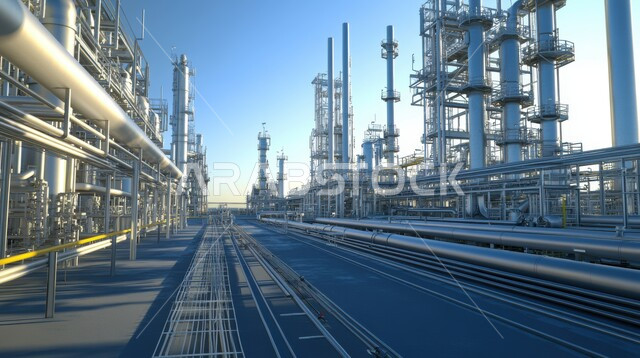 هندسات ومعدات صناعية عملاقة، مصنع تكرير النفط والغاز في المنطقة الصناعية، خطوط الأنابيب والكابلات الفولاذية، صناعات ومشاريع بيتروكيماوية، مجمع صناعي كبير به مداخن عالية تنبعث منها الأدخنة في المملكة العربية السعودية، مستودعات ضخمة و كبيرة