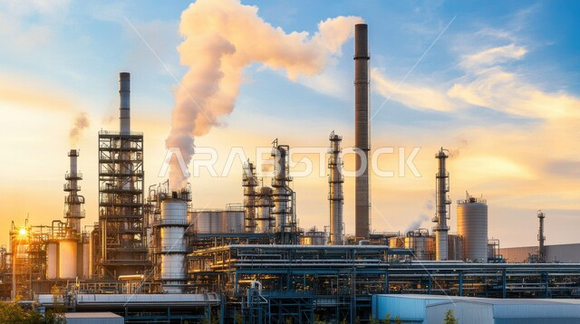 هندسات ومعدات صناعية عملاقة، مصنع تكرير النفط والغاز في المنطقة الصناعية، خطوط الأنابيب والكابلات الفولاذية، صناعات ومشاريع بيتروكيماوية، مجمع صناعي كبير به مداخن عالية تنبعث منها الأدخنة في المملكة العربية السعودية، مستودعات ضخمة و كبيرة