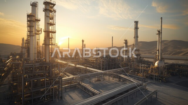 هندسات ومعدات صناعية عملاقة، مصنع تكرير النفط والغاز في المنطقة الصناعية، خطوط الأنابيب والكابلات الفولاذية، صناعات ومشاريع بيتروكيماوية، مجمع صناعي كبير به مداخن عالية تنبعث منها الأدخنة في المملكة العربية السعودية، مستودعات ضخمة و كبيرة