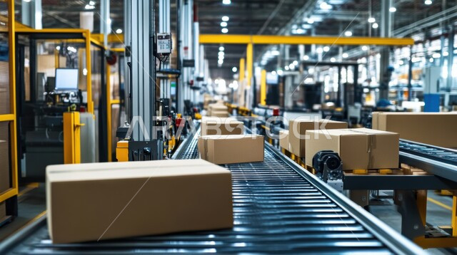 مفهوم الخدمات اللوجستية وتجارة الجملة، صناديق وكراتين مغلفة داخل المستودع، عمليات الاستلام والتخزين والتوزيع، مخازن ومستودعات معامل ومصانع المملكة العربية السعودية، مفهوم إدارة المخزون, الخلفية الصناعية