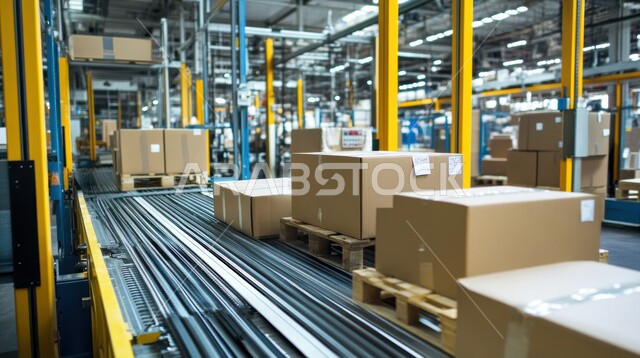 مفهوم الخدمات اللوجستية وتجارة الجملة، صناديق وكراتين مغلفة داخل المستودع، عمليات الاستلام والتخزين والتوزيع، مخازن ومستودعات معامل ومصانع المملكة العربية السعودية، مفهوم إدارة المخزون, الخلفية الصناعية