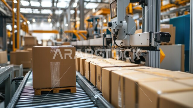 مفهوم الخدمات اللوجستية وتجارة الجملة، صناديق وكراتين مغلفة داخل المستودع، عمليات الاستلام والتخزين والتوزيع، مخازن ومستودعات معامل ومصانع المملكة العربية السعودية، مفهوم إدارة المخزون, الخلفية الصناعية