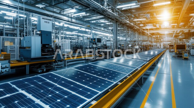 الألواح الشمسية على حزام ناقل في المصنع،التحول الرقمي والتقدم التقني، تحسين الانتاج باستخدام الالات والمعدات الذكيه في الصناعات الالكترونيه، تطور التقنيه والتكنولوجيا الحديثه، إنتاج وتصدير قطع الواح الطاقة الشمسية في مصانع المملكة العربية السعودية
