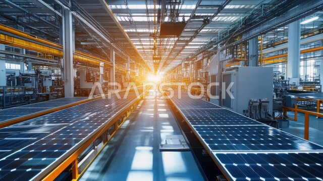 الألواح الشمسية على حزام ناقل في المصنع،التحول الرقمي والتقدم التقني، تحسين الانتاج باستخدام الالات والمعدات الذكيه في الصناعات الالكترونيه، تطور التقنيه والتكنولوجيا الحديثه، إنتاج وتصدير قطع الواح الطاقة الشمسية في مصانع المملكة العربية السعودية