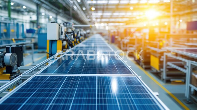 الألواح الشمسية على حزام ناقل في المصنع،التحول الرقمي والتقدم التقني، تحسين الانتاج باستخدام الالات والمعدات الذكيه في الصناعات الالكترونيه، تطور التقنيه والتكنولوجيا الحديثه، إنتاج وتصدير قطع الواح الطاقة الشمسية في مصانع المملكة العربية السعودية