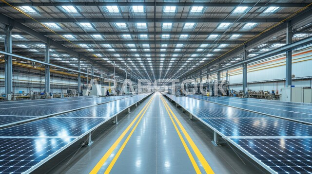 الألواح الشمسية على حزام ناقل في المصنع،التحول الرقمي والتقدم التقني، تحسين الانتاج باستخدام الالات والمعدات الذكيه في الصناعات الالكترونيه، تطور التقنيه والتكنولوجيا الحديثه، إنتاج وتصدير قطع الواح الطاقة الشمسية في مصانع المملكة العربية السعودية