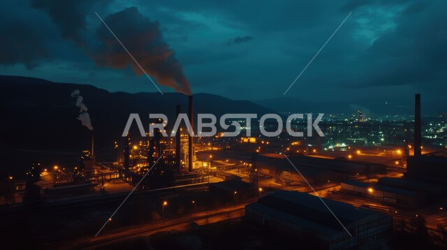 مفهوم العمل في القطاع الهندسي الصناعي، مصانع تكرير البترول في المملكة العربية السعودية، جودة الآلات والمعدات في معامل استخرج النفط، صورة مقربة لمصفاة نفك مضيئة في الليل، استخدام التقنيات الحديثة في انتاج الزيوت والغاز 