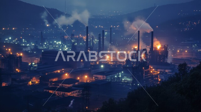 Concept of work in the industrial engineering sector, oil refineries in Saudi Arabia, quality of machinery and equipment in oil extraction plants, close-up of the NAFC refinery illuminated at night, use of modern technologies in oil and gas production