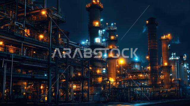 مفهوم العمل في القطاع الهندسي الصناعي، مصانع تكرير البترول في المملكة العربية السعودية، جودة الآلات والمعدات في معامل استخرج النفط، صورة مقربة لمصفاة نفك مضيئة في الليل، استخدام التقنيات الحديثة في انتاج الزيوت والغاز 