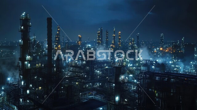 مفهوم العمل في القطاع الهندسي الصناعي، مصانع تكرير البترول في المملكة العربية السعودية، جودة الآلات والمعدات في معامل استخرج النفط، صورة مقربة لمصفاة نفك مضيئة في الليل، استخدام التقنيات الحديثة في انتاج الزيوت والغاز 
