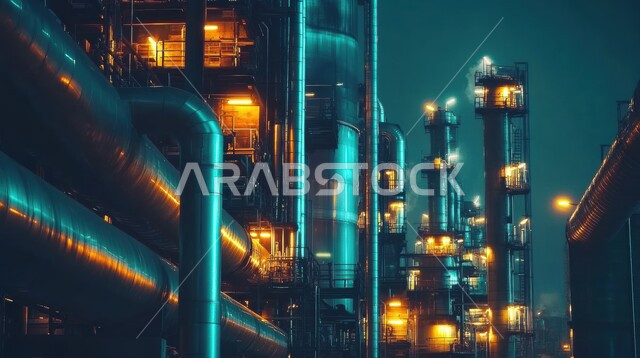 مفهوم العمل في القطاع الهندسي الصناعي، مصانع تكرير البترول في المملكة العربية السعودية، جودة الآلات والمعدات في معامل استخرج النفط، صورة مقربة لمصفاة نفك مضيئة في الليل، استخدام التقنيات الحديثة في انتاج الزيوت والغاز 
