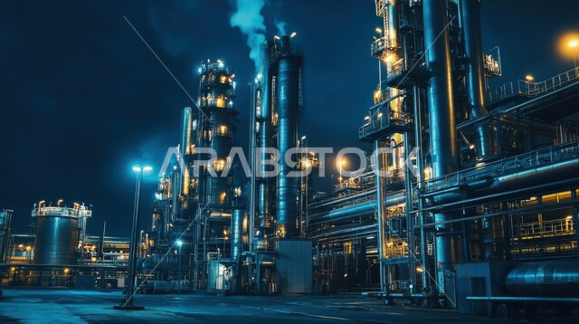 مفهوم العمل في القطاع الهندسي الصناعي، مصانع تكرير البترول في المملكة العربية السعودية، جودة الآلات والمعدات في معامل استخرج النفط، صورة مقربة لمصفاة نفك مضيئة في الليل، استخدام التقنيات الحديثة في انتاج الزيوت والغاز 