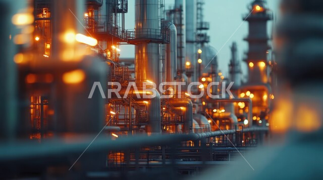 مفهوم العمل في القطاع الهندسي الصناعي، مصانع تكرير البترول في المملكة العربية السعودية، جودة الآلات والمعدات في معامل استخرج النفط، صورة مقربة لمصفاة نفك مضيئة في الليل، استخدام التقنيات الحديثة في انتاج الزيوت والغاز 