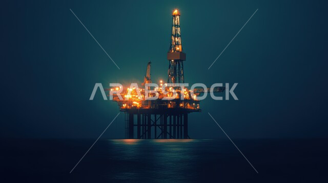 مفهوم استخراج وتصدير الثروات الباطنية، جودة الأدوات والمعدات لصناعة وتخزين البترول، منصة نفط لاستنباط الزيوت، صورة مقربة لحفارة تقوم بالتنقيب عن النفط وسط البحر في الليل, آلات حفر ضخمة