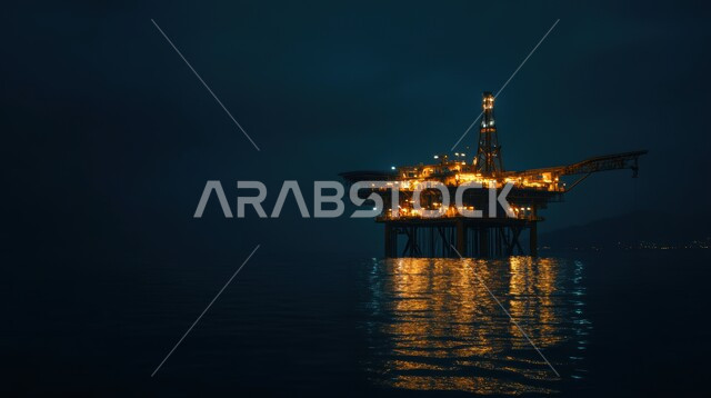 Concept of extraction and export of underground resources, quality of tools and equipment for petroleum industry and storage, oil platform for extracting oil, close-up of a drilling rig drilling for oil in the middle of the sea at night, huge drilling machines