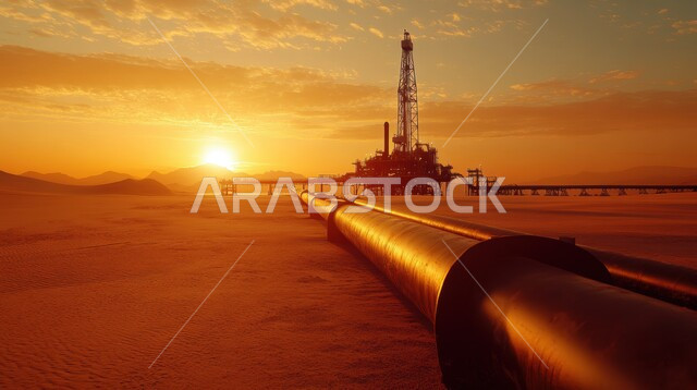 منشآت لاستخراج الثروات البطانية، صناعات ومشاريع بيتروكيماوية، مصانع ومعامل المملكة العربية السعودية، صورة مقربة للأنابيب الضخمة وسط الصحراء، مستودعات ضخمة و كبيرة، هندسات ومعدات صناعية