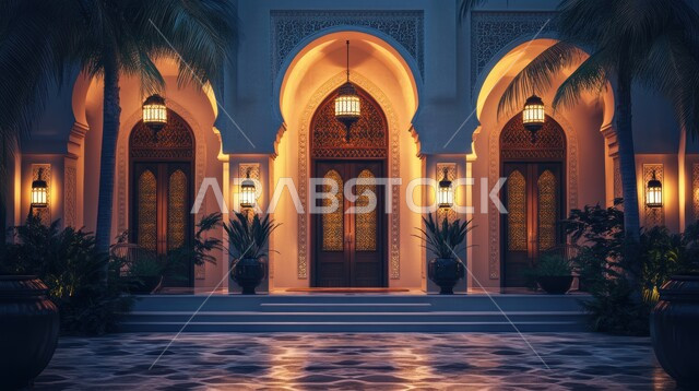 Urban development of residential houses and villas in Saudi Arabia, complex exterior designs, modern architectural engineering art, arches and corridors with distinctive construction, bright hanging lights and lanterns