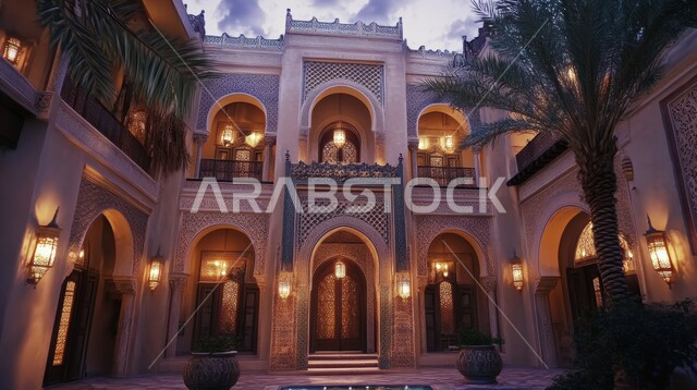 التطور العمراني للمنازل والفلل السكنية في المملكة العربية السعودية، التصاميم الخارجية المعقدة، الفن الهندسي المعماري الحديث, الاقواس و الممرات ذات بناء المميز، الأضواء والفوانيس المعلقة الساطعة 