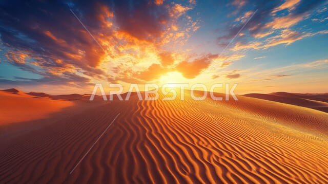 الرمال الذهبية الناعمة والكثبان في المناطق الصحراوية في المملكة العربية السعودية، غروب الشمس المذهل فوق صحراء رملية حمراء شاسعة مع كثبان رملية متدحرجة، المناخ القاسي والجاف، المناظر الطبيعية في الاماكن البرية