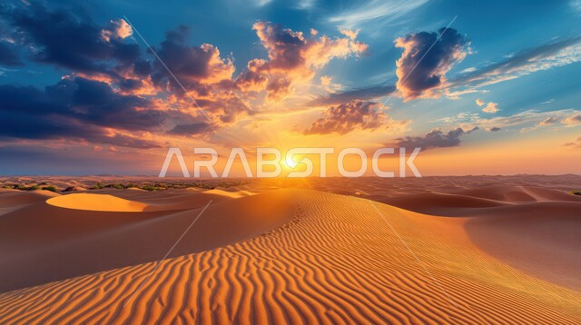 غروب الشمس المذهل فوق صحراء رملية حمراء شاسعة مع كثبان رملية متدحرجة، الرمال الذهبية الناعمة والكثبان في المناطق الصحراوية في المملكة العربية السعودية، المناخ القاسي والجاف، المناظر الطبيعية في الاماكن البرية