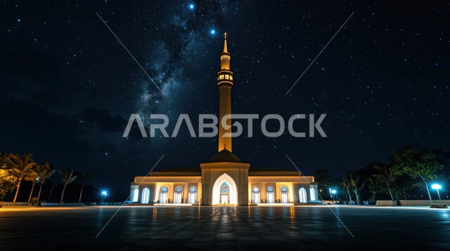 مسجد مهيب يقف شامخًا تحت سماء مرصعة بالنجوم، ومئذنته، العبادة والتقرب إلى الله تعالى، تصاميم توضيحية ثلاثية الابعاد للمآذن والقبب المزخرفه للمساجد الإسلامية، الديكورات والتصاميم الهندسية المميزة في رمضان المبارك، زينة الاعياد والمناسبات الدينية