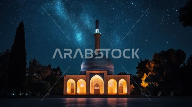 مسجد مهيب يقف شامخًا تحت سماء مرصعة بالنجوم، ومئذنته، العبادة والتقرب إلى الله تعالى، تصاميم توضيحية ثلاثية الابعاد للمآذن والقبب المزخرفه للمساجد الإسلامية، الديكورات والتصاميم الهندسية المميزة في رمضان المبارك، زينة الاعياد والمناسبات الدينية