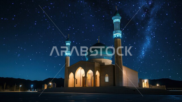 مسجد مهيب يقف شامخًا تحت سماء مرصعة بالنجوم، ومئذنته، العبادة والتقرب إلى الله تعالى، تصاميم توضيحية ثلاثية الابعاد للمآذن والقبب المزخرفه للمساجد الإسلامية، الديكورات والتصاميم الهندسية المميزة في رمضان المبارك، زينة الاعياد والمناسبات الدينية