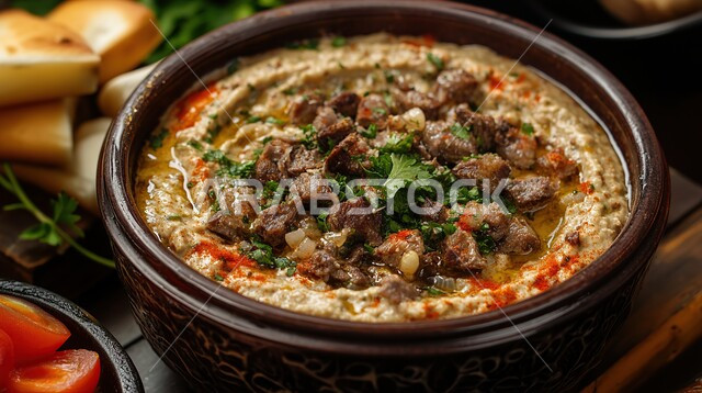  ولائم وأطباق عربية تقليدية شعبية، طبق من الطعام العربي المزين بالخضار ، وصفات الطعام الشهية، المأكولات والوجبات الشرقية، مطابخ ومطاعم المملكة العربية السعودية،  الأساليب الفنية في تقديم الطعام