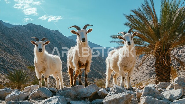 مزارع الاعتناء بالمواشي، حيوان الماعز على المناظر الطبيعية الجبلية الصخرية العربية، محمية طبيعية لتربية الاغنام في المملكة العربية السعودية، قربان وأضاحي الأعياد والمناسبات الاسلامية