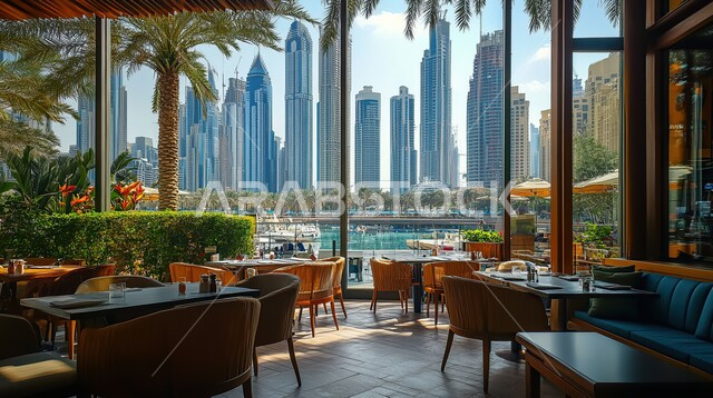 صالة مقهى بديكورات وألوان جذابة، التصاميم الداخلية للكافيهات والمطاعم، أثاث داخلي راقي لمطعم على الطراز الحديث، مناطق الهدوء والاستمتاع بالجلسات الراقية، النوافذ والواجهات الزجاجية في دبي