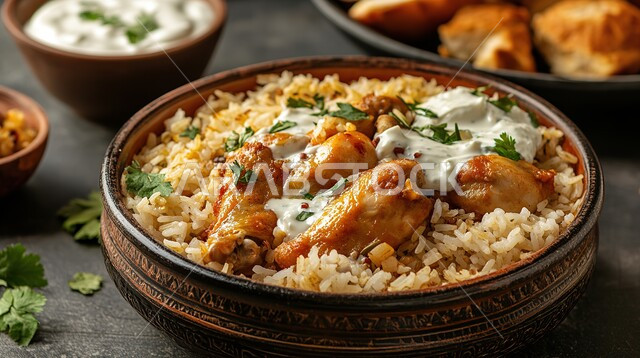 ولائم تقليدية شعبية، صورة مقربة لطبق من أرز الكبسة مع الجاج، وجبة ذات قيمة غذائية عالية، فنون التقديم في مطاعم ومطابخ في السعودية، أطباق من المأكولات العربية التقليدية الشعبية، وصفات طعام شهية صحية ولذيذة