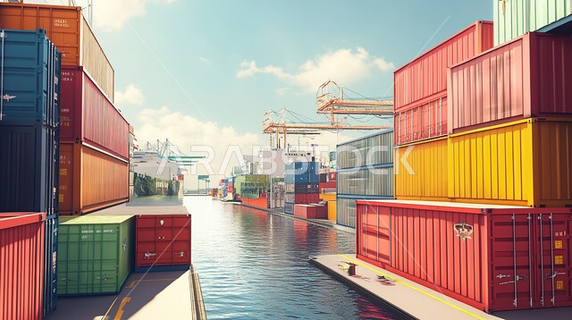 نقل واستلام كونتينرات التخزين عبر الاقتصاد البحري, تصدير وإستيراد البضاعة في السعودية من خلال استخدام الوسائل المتطورة الحديثه، صورة من الاعلى لحاويات شحن وتخزين البضائع التجارية، تجارة السلع والمنتجات المحلية عبر السفن في البحار