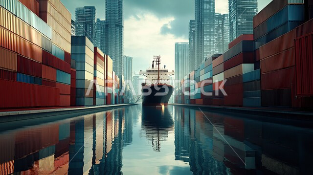 نقل واستلام كونتينرات التخزين عبر الاقتصاد البحري, تصدير وإستيراد البضاعة في السعودية من خلال استخدام الوسائل المتطورة الحديثه، صورة من الاعلى لحاويات شحن وتخزين البضائع التجارية، تجارة السلع والمنتجات المحلية عبر السفن في البحار