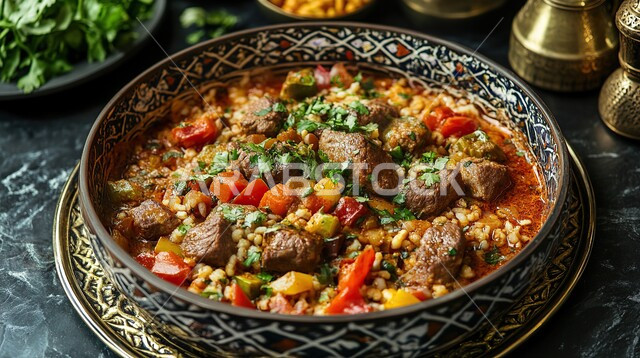 ولائم وأطباق عربية تقليدية شعبية، طبق من الطعام العربي المزين بالخضار ، وصفات الطعام الشهية، المأكولات والوجبات الشرقية، مطابخ ومطاعم المملكة العربية السعودية،  الأساليب الفنية في تقديم الطعام