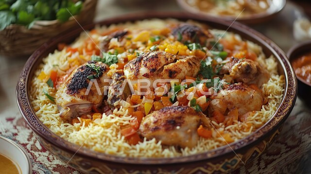 طبق من أرز الكبسة مزين بالجاج  والخضار، مطبخ عربي ذو قيمة غذائية عالية، يقدم في مطاعم ومطابخ المملكة العربية السعودية، أطباق من المأكولات العربية التقليدية، وصفات طعام شهية صحية وخفيفة