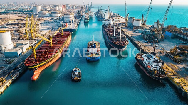 استخدام الرافعات في تعبئة وشحن البضائع التجارية، ازدحام القوارب والسفن في ميناء بحري لنقل البضائع في المملكة العربية السعودية في وقت الغروب، مرفأ تجاري لتوصيل السلع والمنتجات المحلية في البحار، مفهوم التجارة والصناعة والاقتصاد البحري