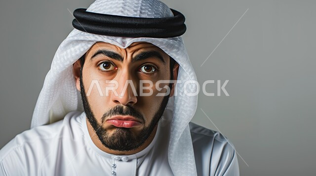الشعور بالحزن والإحباط, بورتريه لرجل عربي سعودي خليجي يرتدي الثوب السعودي, الرغبه بالبكاء و الندم على شيء ما, الخساره والفشل, خلفية رمادية