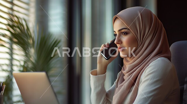 تطبيقات الهواتف الذكية، صورة مقربة لسيدة عربية خليجية سعودية مبتسمة تحمل بيدها هاتف محمول، قضاء اوقات ممتعة بتبادل الاخبار والأحاديث، التواصل والاطمئنان على الأصدقاء, الإجابة والرد على الرسائل