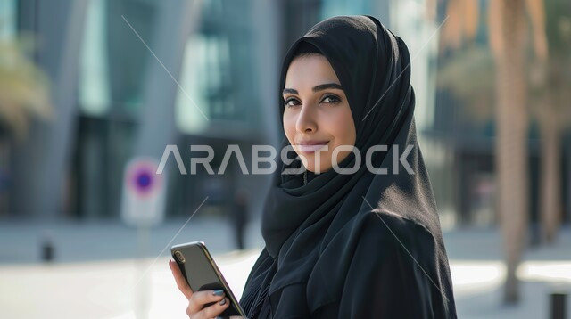 قضاء اوقات ممتعة بتبادل الاخبار والأحاديث، صورة مقربة لسيدة عربية خليجية سعودية مبتسمة تحمل بيدها الى هاتف محمول، التسوق الإلكتروني عبر التطبيقات، التواصل والاطمئنان على الأصدقاء, الإجابة والرد على الرسائل