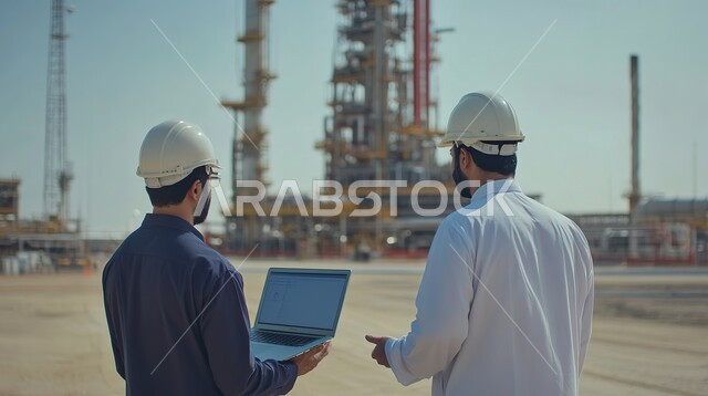 جودة معامل ومعدات إنتاج النفط, صورة من الخلف لرجلين عربيين سعوديين خليجيين يرتديان الخوذة و يحملان الحاسب المحمول ويتابعان سير أعمال المصنع، استخدام التقنيات والتكنولوجيا الحديثة في إنتاجية الغاز في المملكة العربية السعودية, خلفية مصفاة البترول