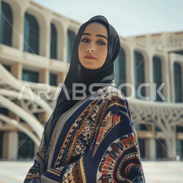 الأنوثة والنعومة والاهتمام بالمظهر الخارجي، صورة مقربة لامرأة عربية خليجية سعودية ترتدي الحجاب والعباءة السوداء تنظر إلى الكاميرا بإيماءات الثقة بالنفس، حجابات نسائية عصريه حديثه