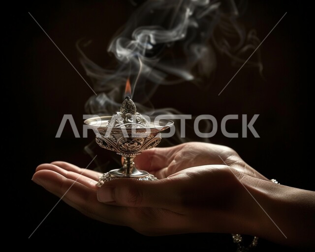 منظر الدخان المنتشر من البخور، التعطر والتطيب باطيب الروائح والعطور، أصالة العادات والتقاليد في المملكة العربية السعودية، خشب العود الفاخر والفحم، منتج محلي وطني سعودي, صورة مقربة لمبخرة تقليدية مزخرفة في مكان تراثي