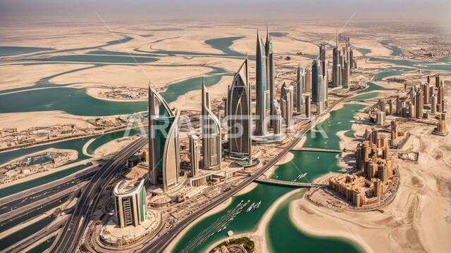 بناء مستقبل حضاري متطور في صحراء دبي، الفنون والتصاميم المعمارية الحديثة للأبراج وناطحات السحاب في الامارات العربية المتحدة، منظر تخيلي مستقبلي للتقدم والنمو العمراني، تحسين وتطوير البنية التحتية، المباني والمنشآت التجارية الشاهقة