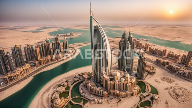 بناء مستقبل حضاري متطور في دبي، الفنون والتصاميم المعمارية الحديثة للأبراج وناطحات السحاب، فندق برج العرب المطل على البحر في الامارات العربية المتحدة، منظر تخيلي مستقبلي للتقدم والنمو العمراني، تحسين وتطوير البنية التحتية، المباني والمنشآت التجارية الشاهقة