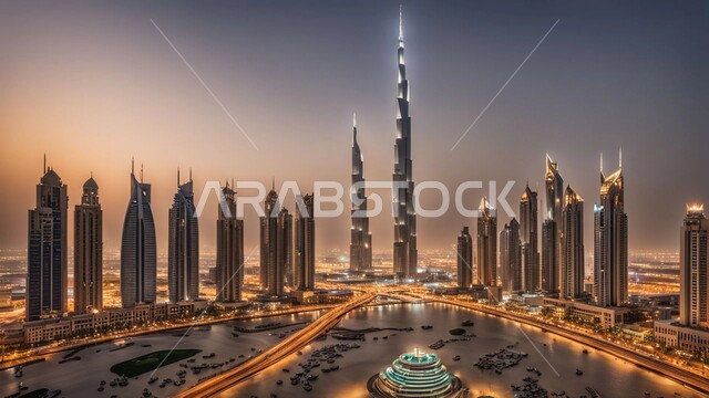 Imaginary view of urban progress and growth, building a developed civilized future in the city of Dubai, modern commercial buildings and facilities illuminated at night, the concept of developing and improving infrastructure, designs and architectural arts of towers and skyscrapers in the United Arab Emirates