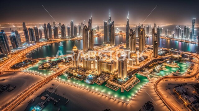 منظر تخيلي للتقدم والنمو العمراني، بناء مستقبل حضاري متطور في مدينة دبي، المباني والمنشآت التجارية الحديثة المضيئة ليلا، مفهوم تطوير وتحسين البنية التحتية، التصاميم والفنون المعمارية للأبراج وناطحات السحاب في الامارات العربية المتحدة