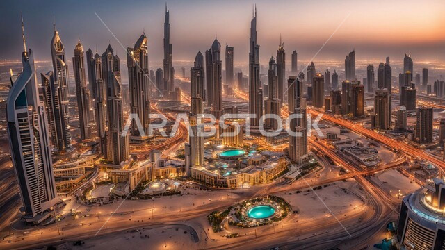 منظر تخيلي للتقدم والنمو العمراني، بناء مستقبل حضاري متطور في مدينة دبي، المباني والمنشآت التجارية الحديثة المضيئة ليلا، مفهوم تطوير وتحسين البنية التحتية، التصاميم والفنون المعمارية للأبراج وناطحات السحاب في الامارات العربية المتحدة