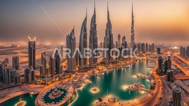 مفهوم تطوير وتحسين البنية التحتية، منظر تخيلي للتقدم والنمو العمراني، بناء مستقبل حضاري متطور في مدينة دبي، المباني والمنشآت التجارية الحديثة المضيئة ليلا، التصاميم والفنون المعمارية للأبراج وناطحات السحاب في الامارات العربية المتحدة